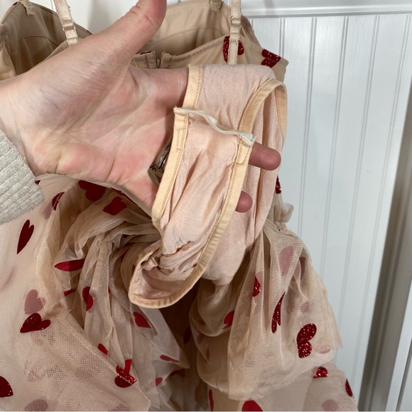 Asos exclusive Lace & Beads corset tiered mini dress in taupe rose heart sexy - Picture 7 of 11